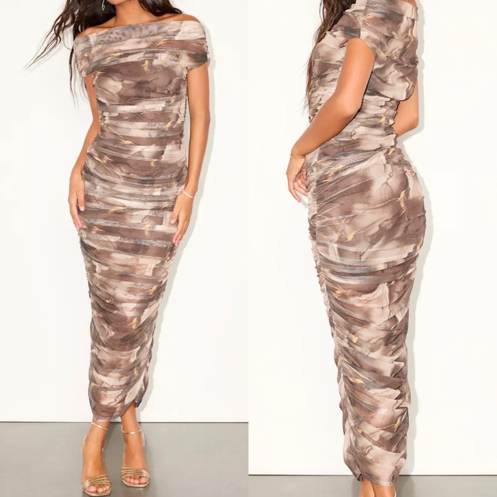 NWT Lulus Size XXS Sunama Taupe Abstract Mesh Ruched Bodycon Midi Dress Glam
